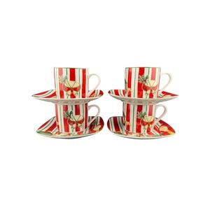 Fine Casa Porcelain Espresso Set – 4 Mugs & Saucers, Snowmen, Birdhouse, & Drum